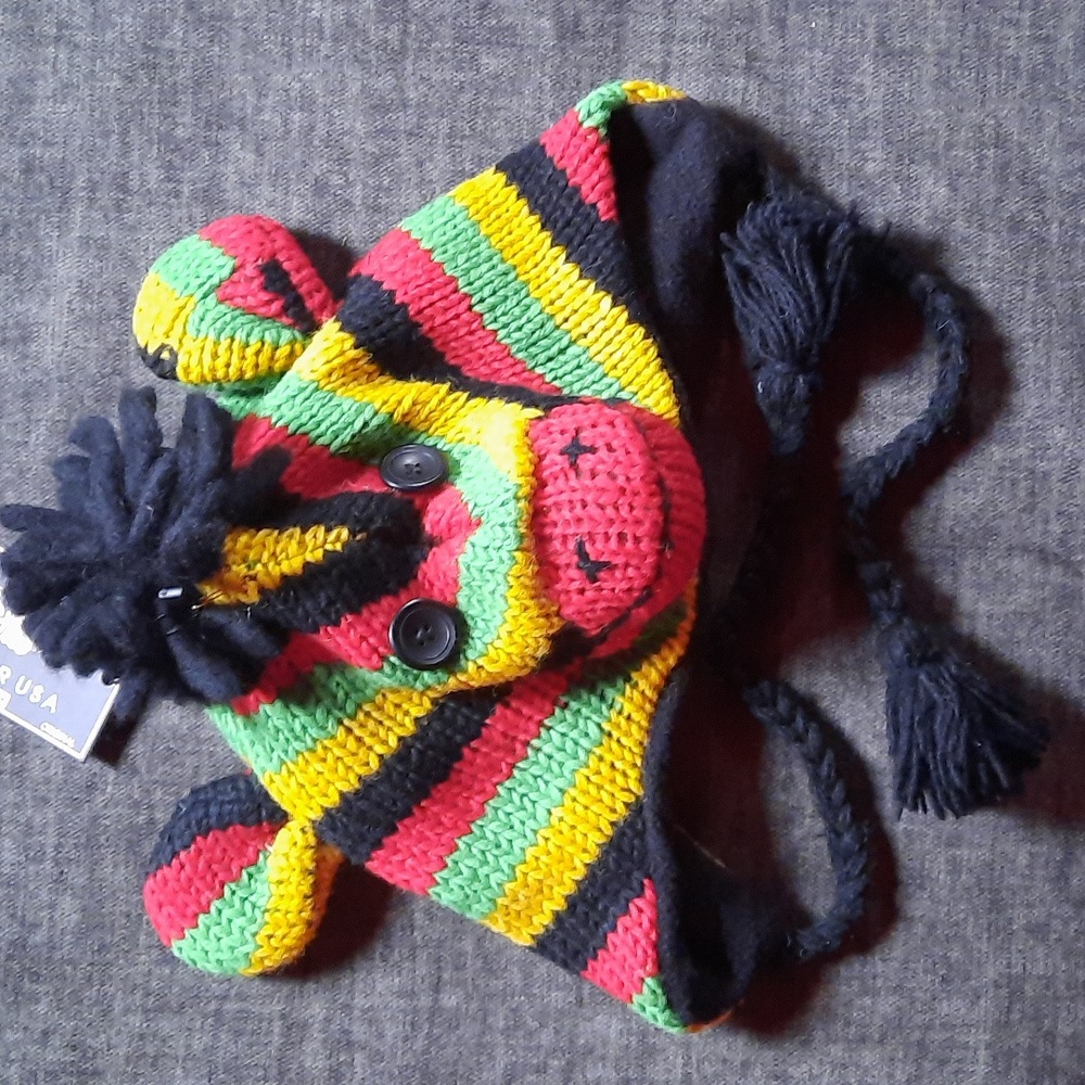 Zebra Multi-Colored Wool Knit Hat Ear Flap Braided Ties Youth Teen Tween NWT